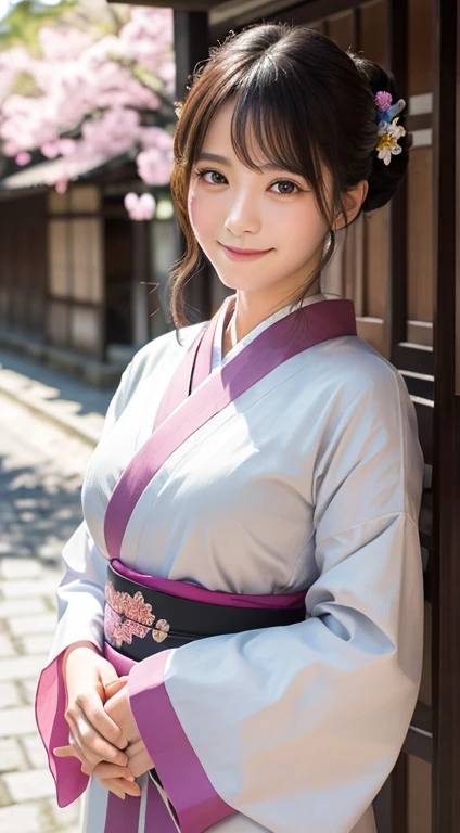 Professional Lighting,(Photorealistic:1.4), (Top image quality:1.0), (超High resolution:1.0), 8k, Raw photography, (masterpiece:0.2), (Facing the children_v1:0.5)、(最高quality Detail:1.2)、Realistic、8k UHD、High resolution、(1 girl:1.2)、超detailedな、High quality textures、複雑なdetailed、detailed、Very detailed CG、High quality shadows、detailed 美しく繊細な顔、Beautiful details and a delicate eye、(Symmetrical eyes:1.2),Written boundary depth、Ray Tracing,1 girl, Japanese, (Natural smile:1.4),cute, thin, Portrait of a beautiful Japanese woman in a kimono, Standing elegantly on a street corner in Kyoto. Kimono with vibrant traditional patterns, Hair decorated with elegant and delicate hairpins, Gentle expression. (With the old streets of Kyoto in the background:1.4)、The soft light of a spring afternoon、Adding tranquility to the scene. Rendered in a Realistic style with great attention to detail, High resolutionの画像.Sky Porn, Magic Hour, (Realistic:1.3), finely, quality, (Tabletop:1.2), (Realistic:1.2), (最高quality), (複雑なdetailed), dramatic, Ray Tracing, photograph, +roller、Big Breasts