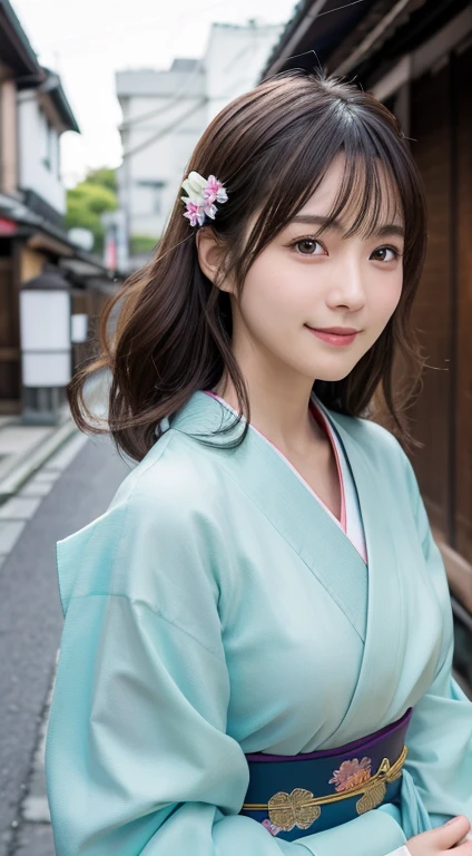 Professional Lighting,(Photorealistic:1.4), (Top image quality:1.0), (超High resolution:1.0), 8k, Raw photography, (masterpiece:0.2), (Facing the children_v1:0.5)、(最高quality Detail:1.2)、Realistic、8k UHD、High resolution、(1 girl:1.2)、超detailedな、High quality textures、複雑なdetailed、detailed、Very detailed CG、High quality shadows、detailed 美しく繊細な顔、Beautiful details and a delicate eye、(Symmetrical eyes:1.2),Written boundary depth、Ray Tracing,1 girl, Japanese, (Natural smile:1.4),cute, thin, Portrait of a beautiful Japanese woman in a kimono, Standing elegantly on a street corner in Kyoto. Kimono with vibrant traditional patterns, Hair decorated with elegant and delicate hairpins, Gentle expression. (With the old streets of Kyoto in the background:1.4)、The soft light of a spring afternoon、Adding tranquility to the scene. Rendered in a Realistic style with great attention to detail, High resolutionの画像.Sky Porn, Magic Hour, (Realistic:1.3), finely, quality, (Tabletop:1.2), (Realistic:1.2), (最高quality), (複雑なdetailed), dramatic, Ray Tracing, photograph, +roller、Big Breasts