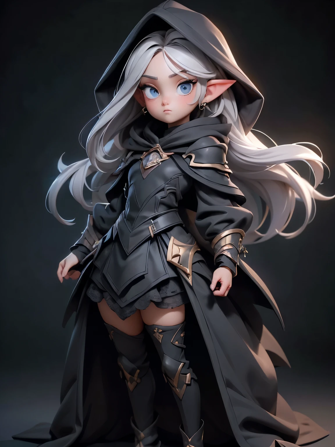 (((Best Quality))), (((Masterpiece))), (((Realistic))) ((full body shot:1.4)),White elf girl, dark grey hair color, very long flowing hair, grey eye color, small eyes, round eye shape, eyeliner, realistic face shape. black shirt, portrait, wearing a black hood, black background, Depth of Field. looking at camera, dreamy look detailed eyes, detailed face, detailed skin, Ultra Detailed, Beautiful and Aesthetic, Masterpiece, Best Quality, shoulders showing. lace fabric, round chin shape. wearing black hood over hair. showing full upper body and face. wearing a black hood, alot of flairs in background, zoomed out, black and gold. glowing.
