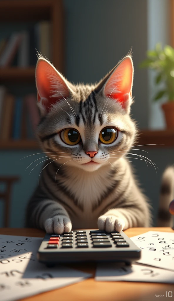 "A smart cat named Whiskers using a calculator with numbers around."