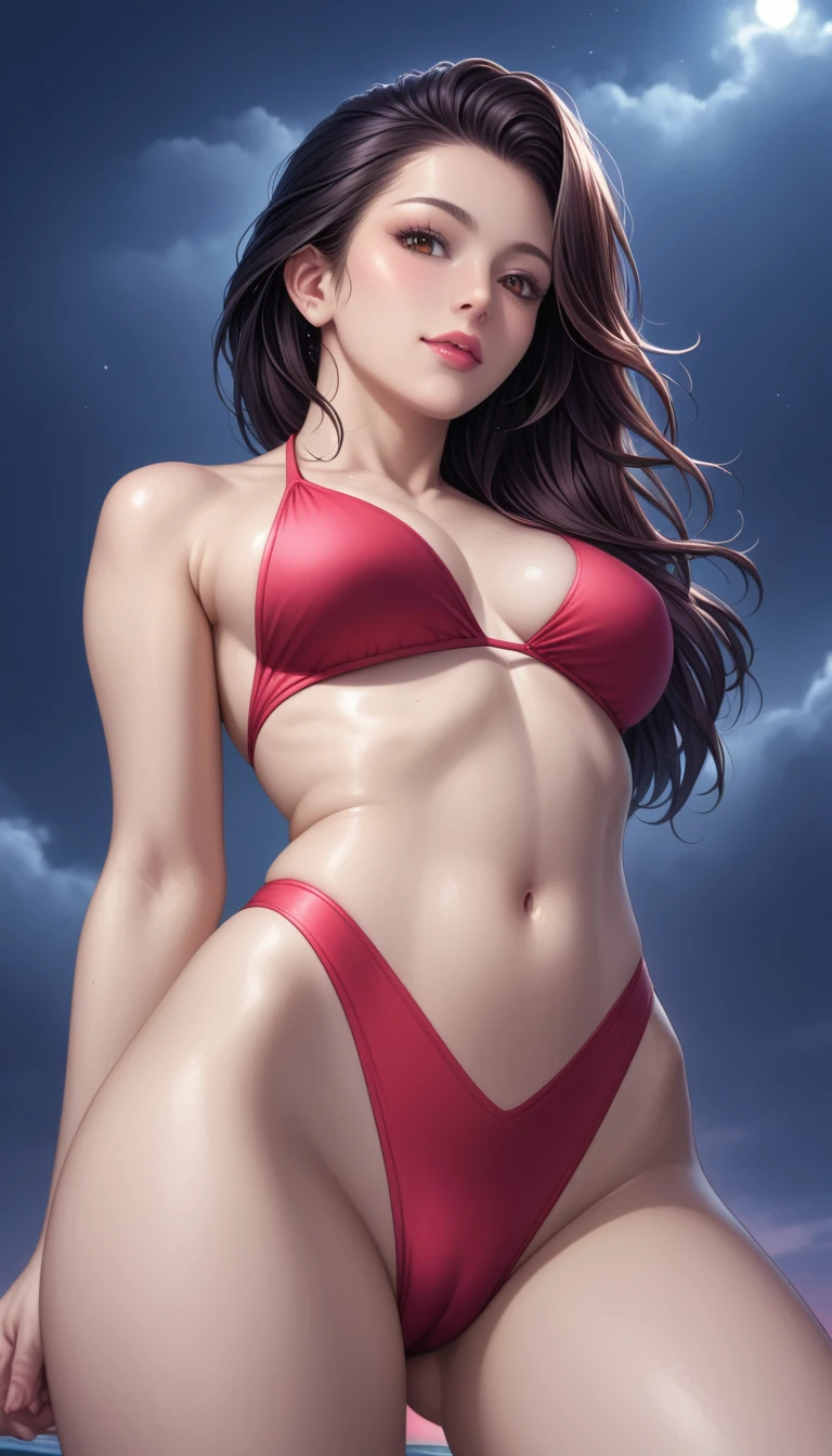 score_9, score_8_superior, score_7_superior, High-resolution CG illustration,A masterpiece in 32K resolution,Highest quality,it is really amazing,Very detailed,Ultra-high resolution,Ultra-realistic,Realistic,Increased depth of field,Cinematic lighting,
Sexy mature Japan woman,
Long black hair,Showing his forehead,Ultra-detailed and beautiful face,Calm and gentle look,Beautiful brown eyes,Translucent white skin,Realistic skin texture,Great proportions,
Elegant red swimsuit,
Simple design,Chic color scheme based on red,Detailed fabric texture,
(Dark overcast sky on a dull night:1.1),(Dark clouds filling the sky:1.1),Thundercloud,Coastline at night,Stormy seas,delay々A desolate sandy beach that continues,
(Crawling on the sandy beach:1.1),Low - Angle,