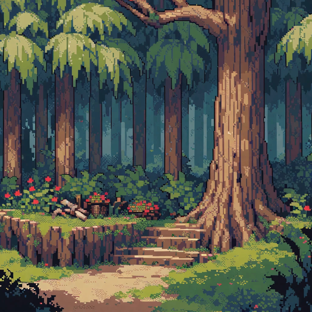 (masterpiece, best quality:1.2), pixel art, forest, garden, wood, depression