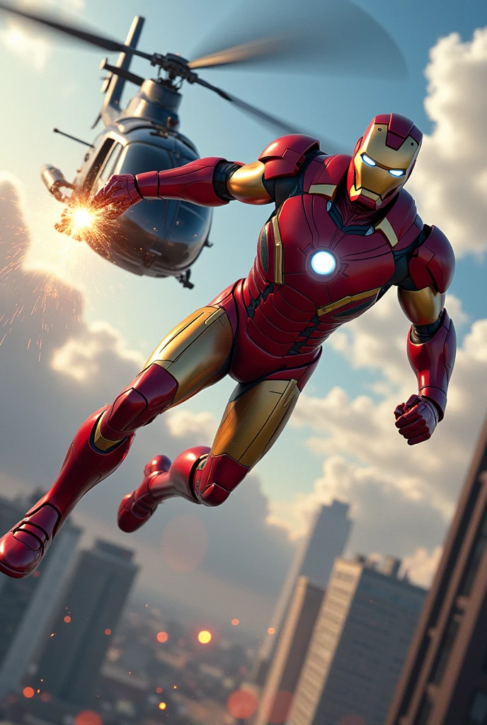 A dynamic and intense scene where Iron Man is attempting to stop a helicopter mid-flight using his immense strength. Iron Man is hovering in the air, his thrusters glowing brightly as he exerts all his power. His hand is gripping the landing skid of the helicopter, which is struggling to break free, its rotors spinning at full speed, creating a powerful downdraft. The helicopter is tilting slightly due to Iron Man's force, with sparks flying from the metal where his hand meets the skid. The background features a cityscape below, with clouds swirling around, and the tension of the moment is palpable. The image should capture Iron Man's determination and the sheer force of the battle between man and machine, using vivid, hyper-realistic colors and sharp details.