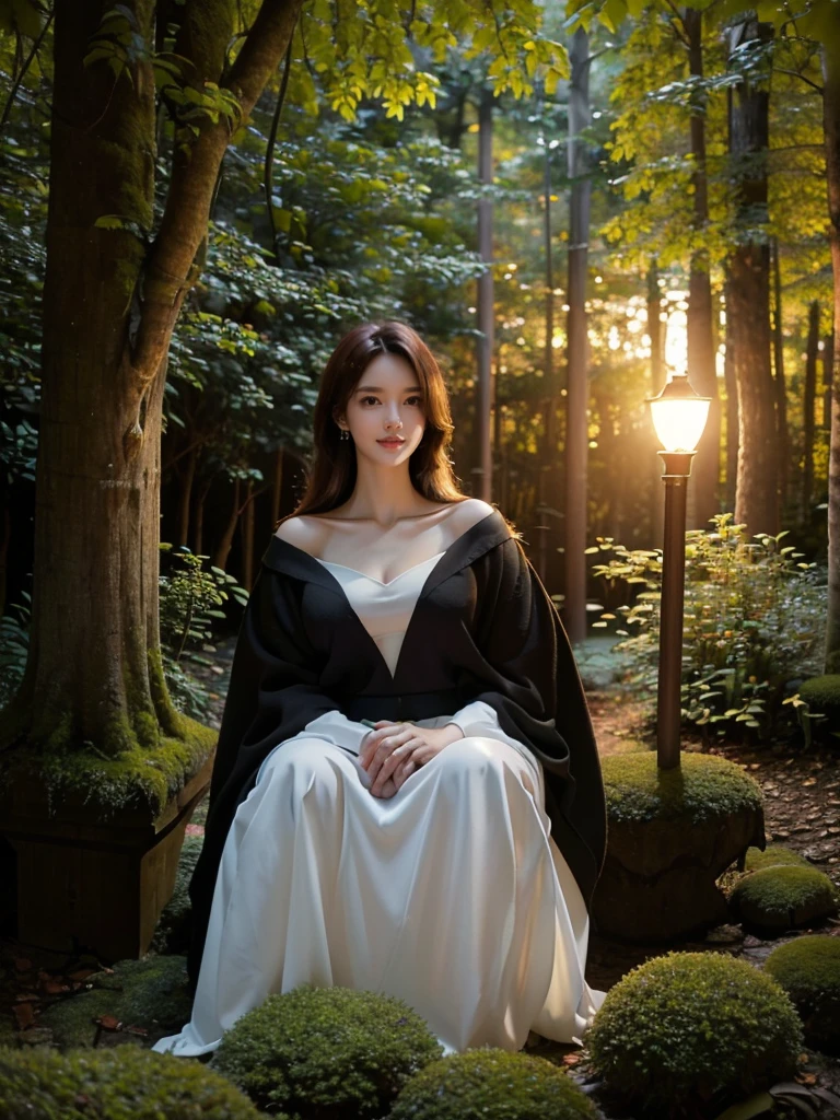 ((upper body)),A serene night scene in a dense forest, with a beautiful witch standing in the middle. The witch wears a simple, elegant dark robe with long sleeves, blending harmoniously with the natural surroundings. Her expression is calm and thoughtful, exuding quiet power and wisdom. The forest is illuminated by soft, ethereal moonlight filtering through tall, slender trees, casting gentle shadows on the moss-covered ground. The atmosphere is peaceful and subdued, with a focus on the quiet beauty of the night. The scene should feel mystical and tranquil, with the witch seamlessly integrated into the starlit environment." Additional Parameters: Style: Realistic, moody lighting Lighting: Soft moonlight, subtle shadows Colors: Dark tones, natural shades Composition: The witch should be centered, with tall trees in the background and soft light highlighting her figure Environment: Dense forest at night, mossy ground, serene atmosphere
