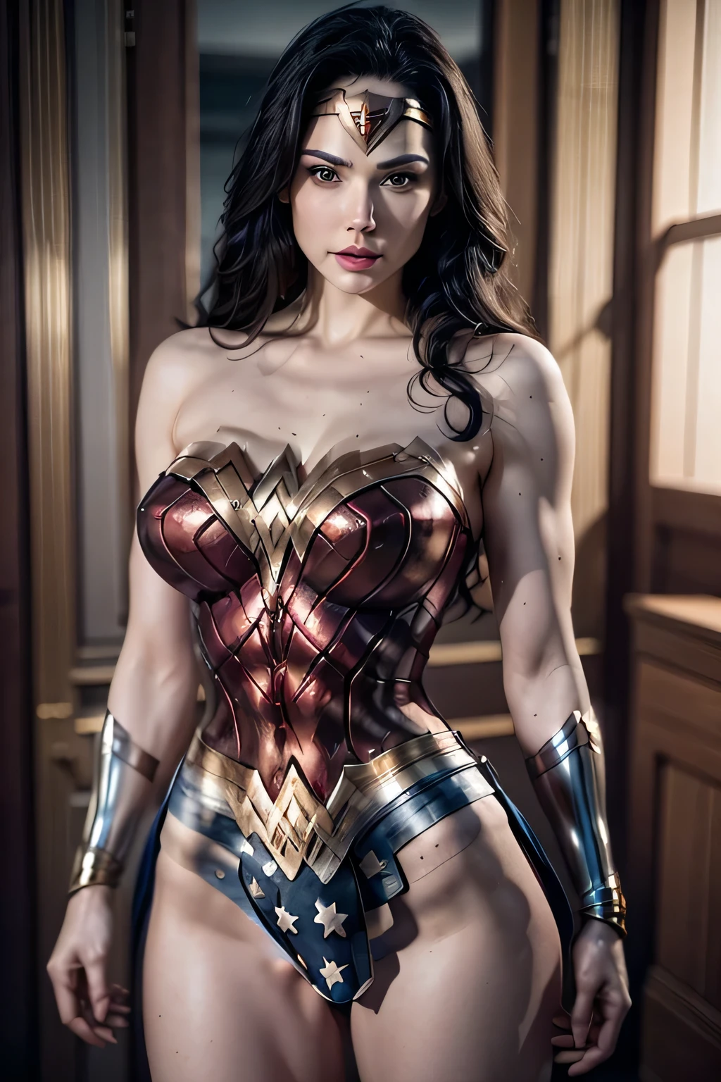 Wonder woman from dc, ultra realistic photo, 8k hdr, pure white skin, long brown hair, perfect face, perfect shape body, large breasts, nsfw, seductive, posing to viewer, 3d