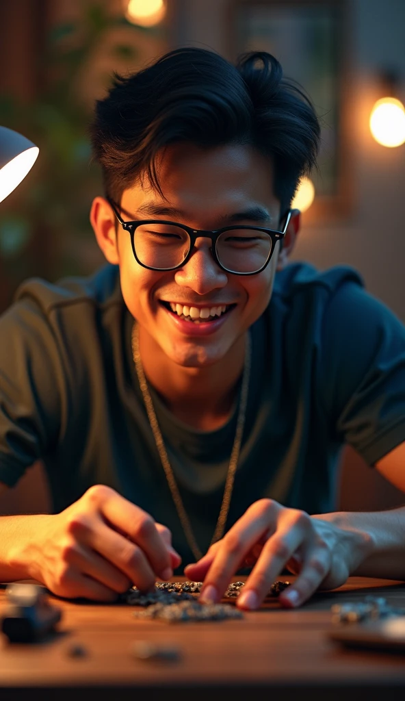photorealistic, best quality, masterpiece, extremely detailed, front view, 30 year old bruneian malay man, athletic build, no facial hair, glasses, wearing nerdy tshirt, huge smile, playing warhammer, extremely romantic atmosphere, perfect face, perfect fingers, perfect hands, perfection