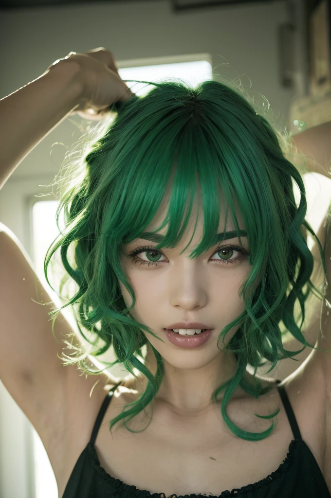 Green Hair Jagged teeth male Curly hair Bangs hanging over the eyes