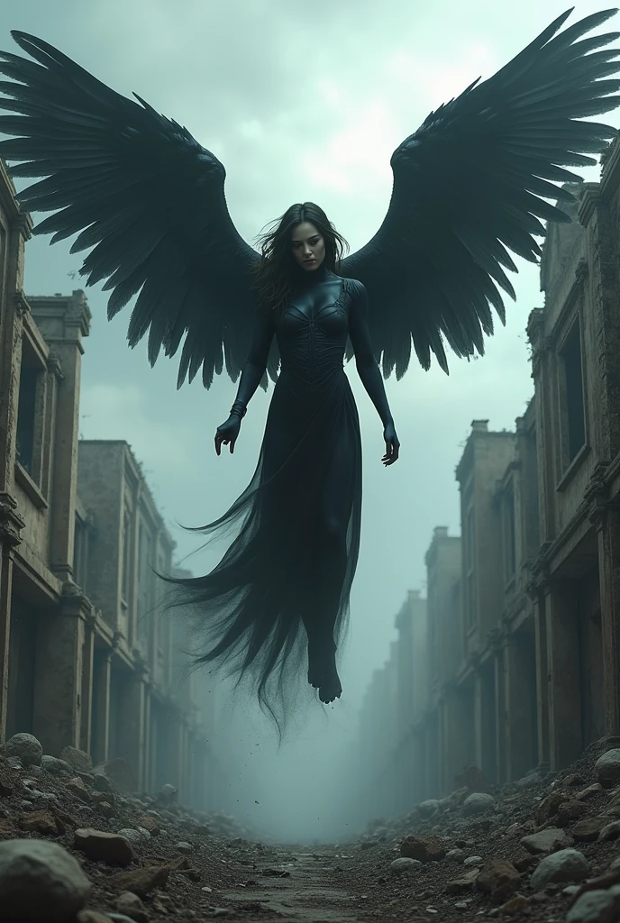 Generate me an image of a beautiful black fallen angel floating above the ruins of a fallen city
