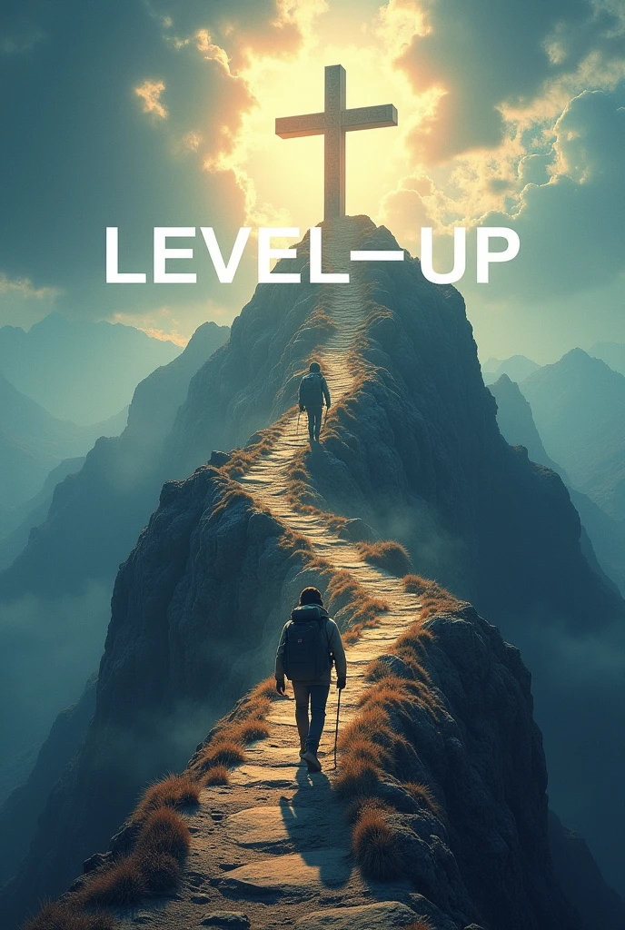 A poster named LEVEL - UP, converting to a cross, poster must habe the name
With a person trekking Towards the cross on top
