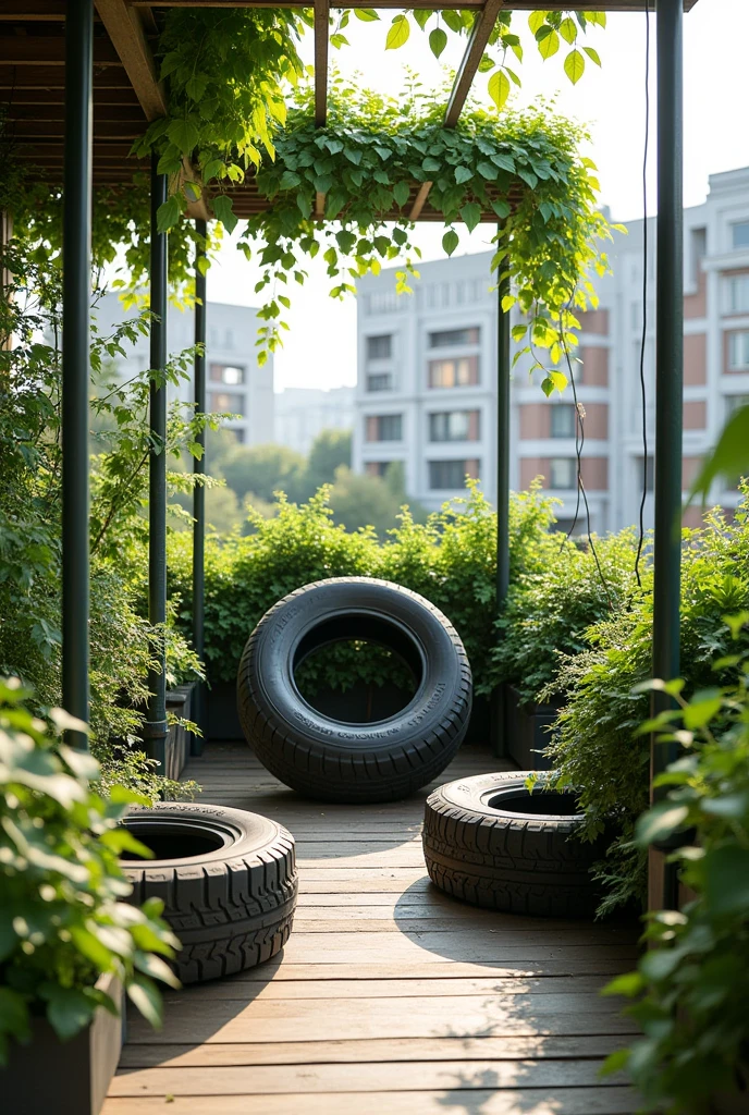 a space on the roof of a university made of recyclable materials, chairs made of car tires, many plants that will be placed in a pipe pot, that it has a mini awning with vines
