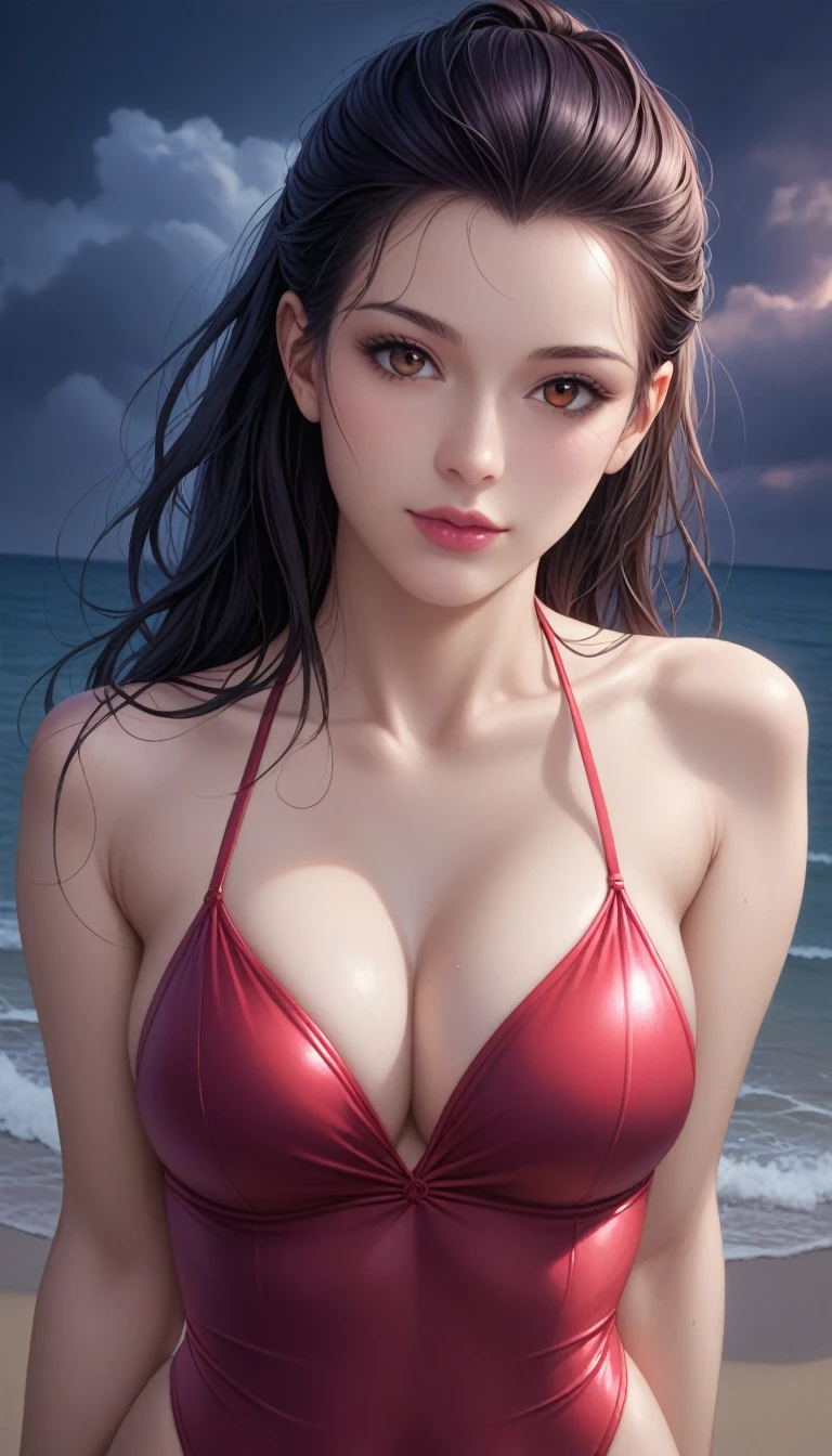 score_9, score_8_superior, score_7_superior, High-resolution CG illustration,A masterpiece in 32K resolution,Highest quality,it is really amazing,Very detailed,Ultra-high resolution,Ultra-realistic,Realistic,Increased depth of field,Cinematic lighting,
Sexy mature Japan woman,
Long black hair,Showing his forehead,Ultra-detailed and beautiful face,Calm and gentle look,Beautiful brown eyes,Translucent white skin,Realistic skin texture,Great proportions,
Elegant red swimsuit,
Simple design,Chic color scheme based on red,Detailed fabric texture,
(Dark overcast sky on a dull night:1.1),(Dark clouds filling the sky:1.1),Thundercloud,Coastline at night,Stormy seas,delay々A desolate sandy beach that continues,
Beautiful cleavage,High angle,