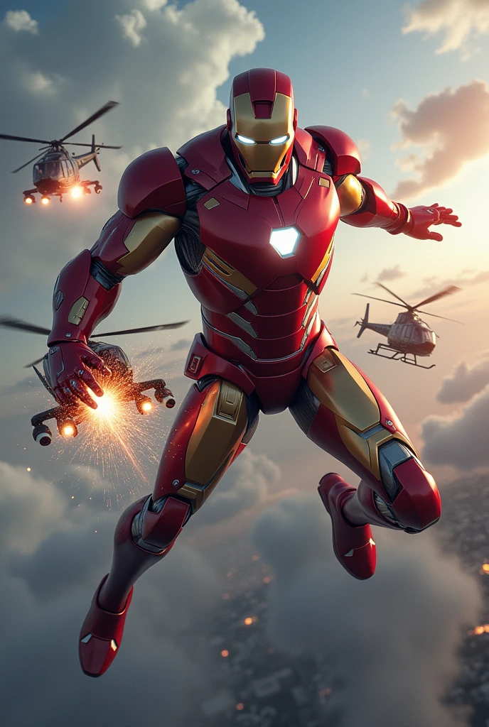 A dynamic and intense scene where Iron Man is attempting to stop a helicopter mid-flight using his immense strength. Iron Man is hovering in the air, his thrusters glowing brightly as he exerts all his power. His hand is gripping the landing skid of the helicopter, which is struggling to break free, its rotors spinning at full speed, creating a powerful downdraft. The helicopter is tilting slightly due to Iron Man's force, with sparks flying from the metal where his hand meets the skid. The background features a cityscape below, with clouds swirling around, and the tension of the moment is palpable. The image should capture Iron Man's determination and the sheer force of the battle between man and machine, using vivid, hyper-realistic colors and sharp details.