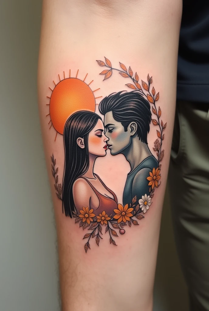 Create a tattoo design that depicts a romantic scene where a female figure, representing the Sun, and a male figure, symbolizing the Moon, are sharing a French kiss. The female Sun has simple, straight hair, and both figures have stylized, celestial features. In the background, larger versions of the Sun and Moon are subtly visible, adding depth to the design. The overall style should be minimalist yet detailed, with smooth lines and a harmonious blend of warm and cool tones to capture the contrast between the Sun and Moon.