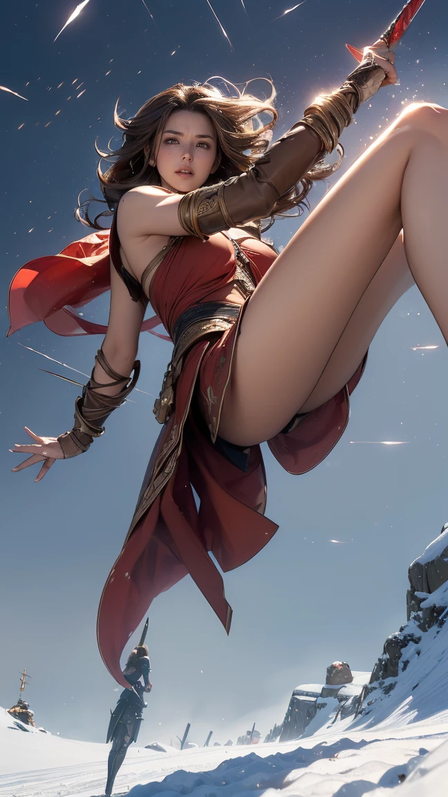 ((Highest quality,4K,High resolution,masterpiece:1.2)),((Character Concept Art)), 1 female, 20-year-old women, ((Shoulder-length brown hair、Hair curled loosely inwards)), (Skin as white as snow), Very detailed eyes (Brown Eye Color), have confidence, beautiful, slim body build, Big Breasts、((Intricate details)), Very finely crafted needles, Very finely crafted fingers(((10 fingers))),(Full-body showcase), (Show whole body),A shy smile、portrait of a woman warrior, rpg portrait concept art, (beautiful warrior, holding short sword and small shield, Wearing a red scarf, leather armor), ((in the terrible battle field_ jumping higher and higher towards us at full speed_shoutiong something like verval words:1.5))))