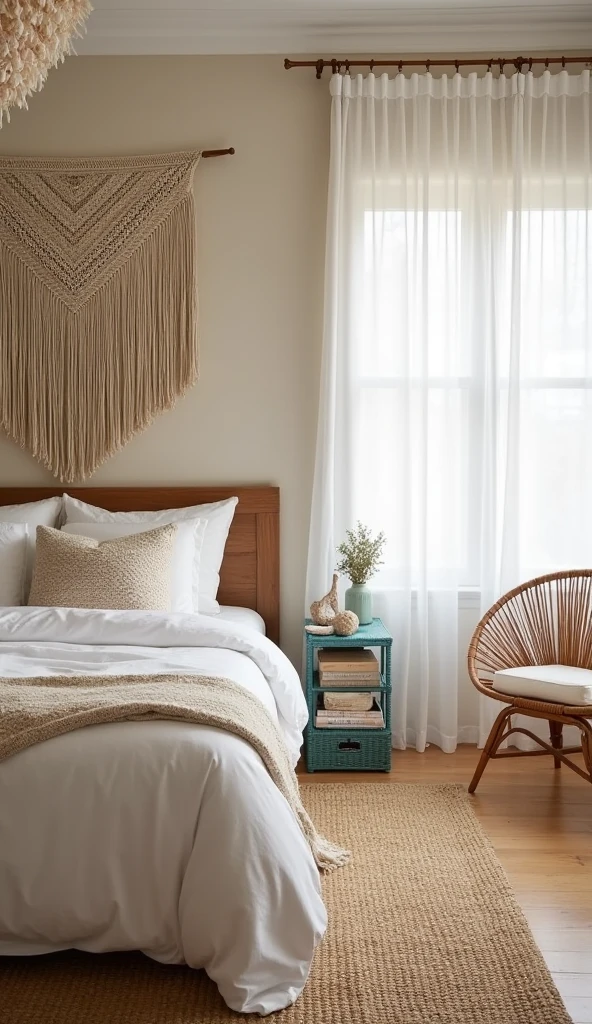 A relaxed and eclectic bedroom where boho decor seamlessly meets coastal vibes. The bed features white linens accessorized with macramé pillows and a tapestry above the head. The walls are painted a light sandy beige, and the floor is covered with a large jute rug. The color palette is light and airy, with nautical-inspired decor such as a large seashell chandelier and an aqua wicker breakfast nook table placed near driftwood sculptures. Sheer white curtains allow soft light to filter in, enhancing the airy, bohemian ambiance. The design incorporates macramé accents for a relaxed, eclectic coastal look