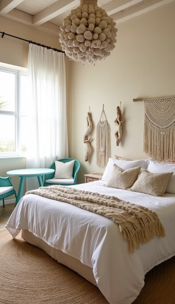 A relaxed and eclectic bedroom where boho decor seamlessly meets coastal vibes. The bed features white linens accessorized with macramé pillows and a tapestry above the head. The walls are painted a light sandy beige, and the floor is covered with a large jute rug. The color palette is light and airy, with nautical-inspired decor such as a large seashell chandelier and an aqua wicker breakfast nook table placed near driftwood sculptures. Sheer white curtains allow soft light to filter in, enhancing the airy, bohemian ambiance. The design incorporates macramé accents for a relaxed, eclectic coastal look