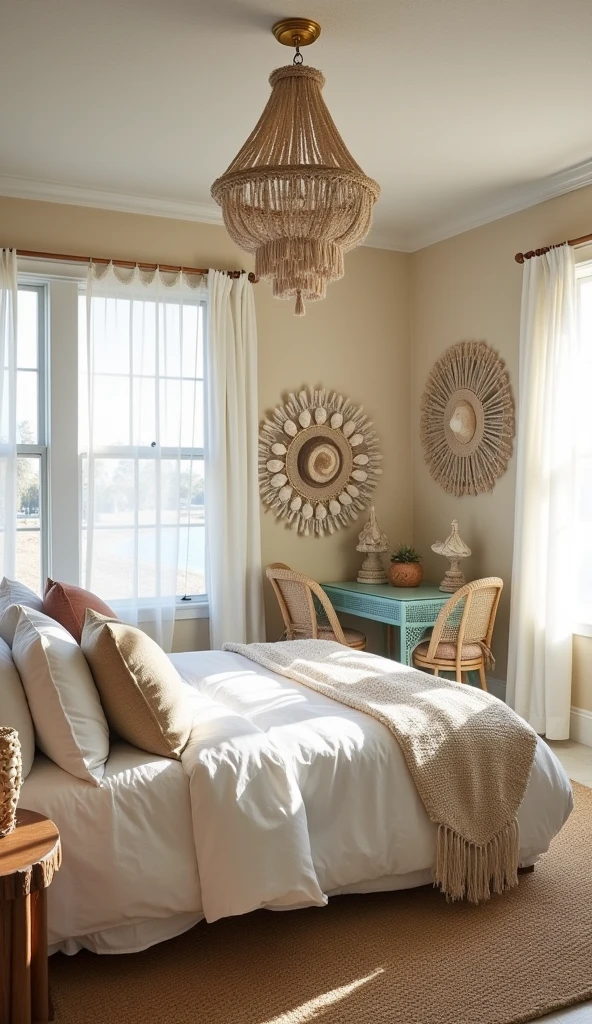 A relaxed and eclectic bedroom where boho decor seamlessly meets coastal vibes. The bed features white linens accessorized with macramé pillows and a tapestry above the head. The walls are painted a light sandy beige, and the floor is covered with a large jute rug. The color palette is light and airy, with nautical-inspired decor such as a large seashell chandelier and an aqua wicker breakfast nook table placed near driftwood sculptures. Sheer white curtains allow soft light to filter in, enhancing the airy, bohemian ambiance. The design incorporates macramé accents for a relaxed, eclectic coastal look