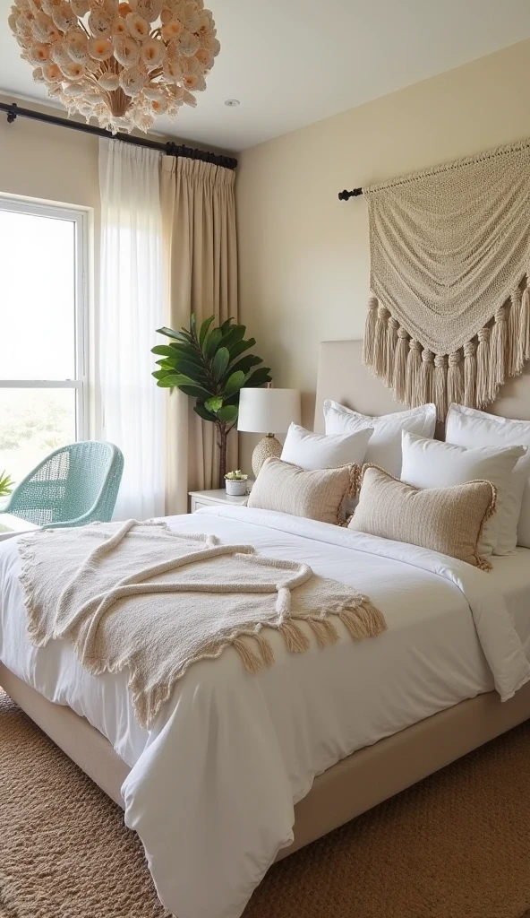 A relaxed and eclectic bedroom where boho decor seamlessly meets coastal vibes. The bed features white linens accessorized with macramé pillows and a tapestry above the head. The walls are painted a light sandy beige, and the floor is covered with a large jute rug. The color palette is light and airy, with nautical-inspired decor such as a large seashell chandelier and an aqua wicker breakfast nook table placed near driftwood sculptures. Sheer white curtains allow soft light to filter in, enhancing the airy, bohemian ambiance. The design incorporates macramé accents for a relaxed, eclectic coastal look