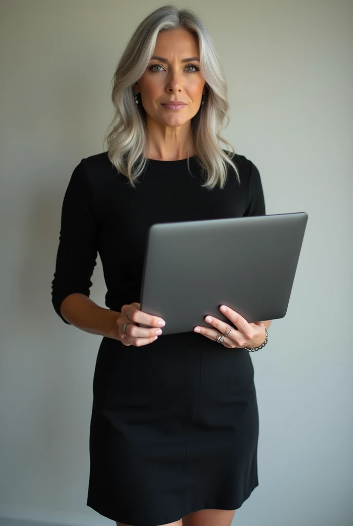 woman, 30 years, holding a closed laptop in her hands, Photo of the model, light gray hair, hair below the shoulders, black short top and black mini skirt, standing straight, looks at the camera