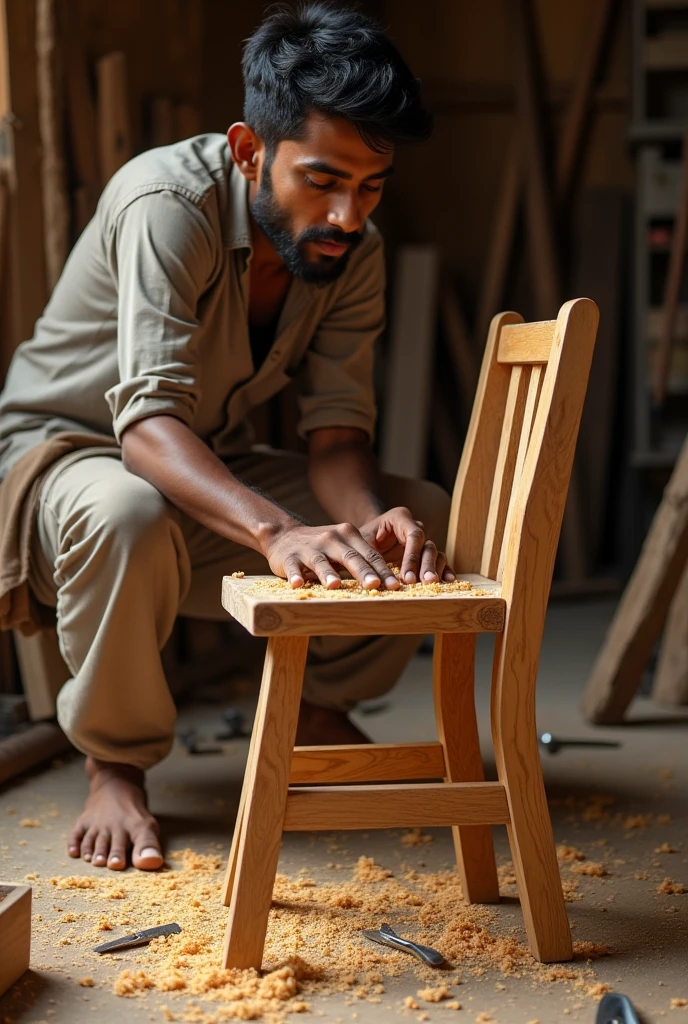 An young Indian clean shaved carpenter making a chair
