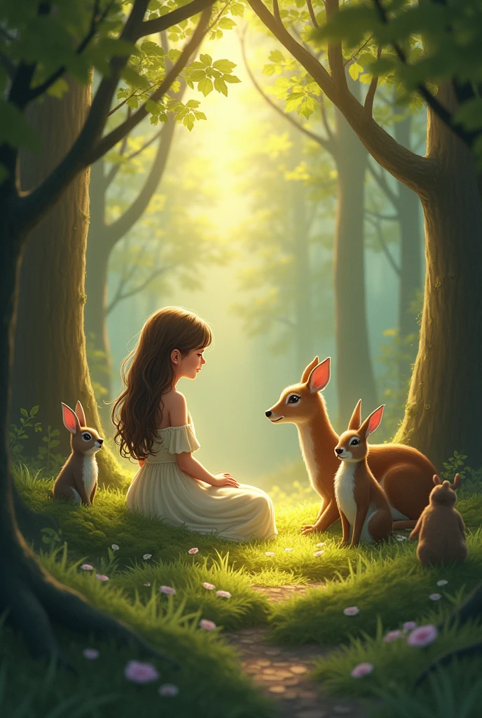 Lily sitting with forest creatures, having a heartfelt conversation. The scene reflects cooperation and understanding, with a warm and glowing atmosphere symbolizing the lesson learned.