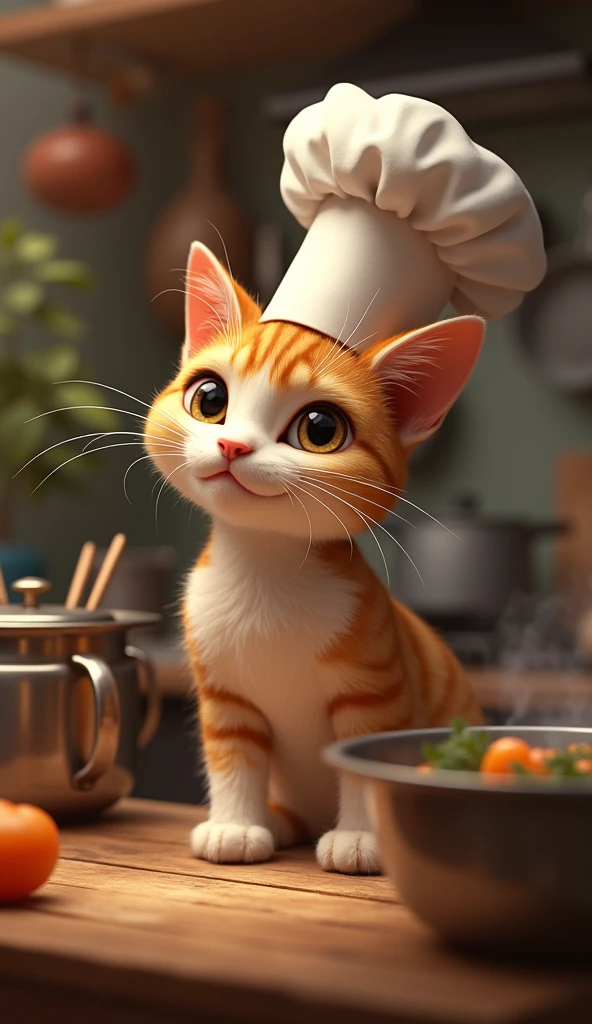 "A talented cat named Whiskers wearing a chef hat in the kitchen."