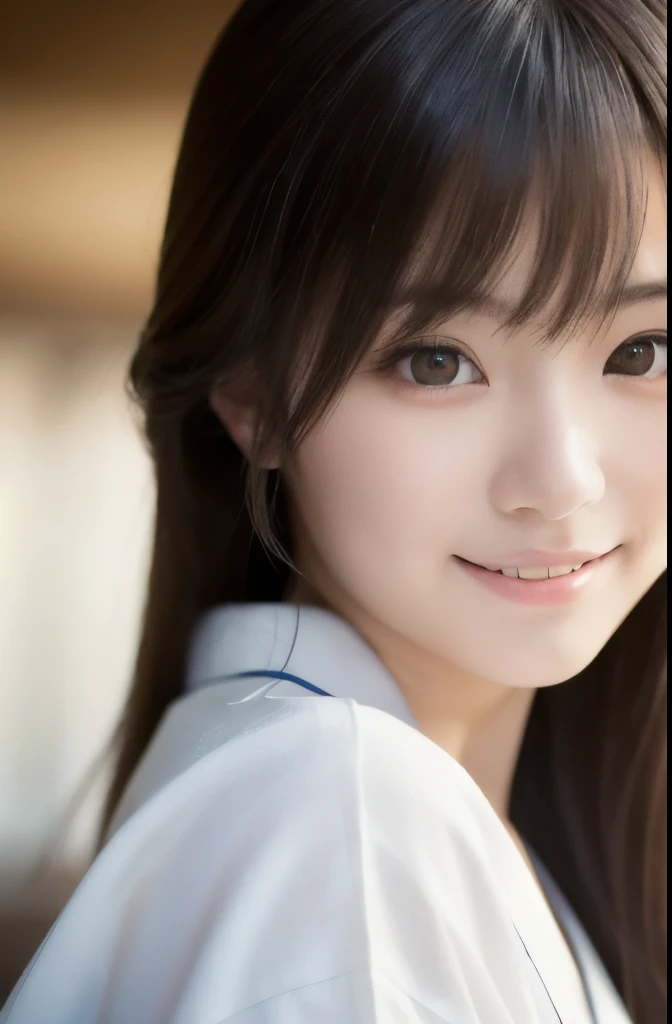 best quality, face focus, soft light, ultra high res, (photorealistic:1.4), RAW photo,(Shinozaki Ai), white skin, kawaii, 1 Japanese girl, solo, cute, (smile), (pupil, lights in the eyes),  detailed beautiful face, Medium-sized breasts,(high resolution detail of human skin texture),(long hair),(portrait), upper body, white traditional kimono