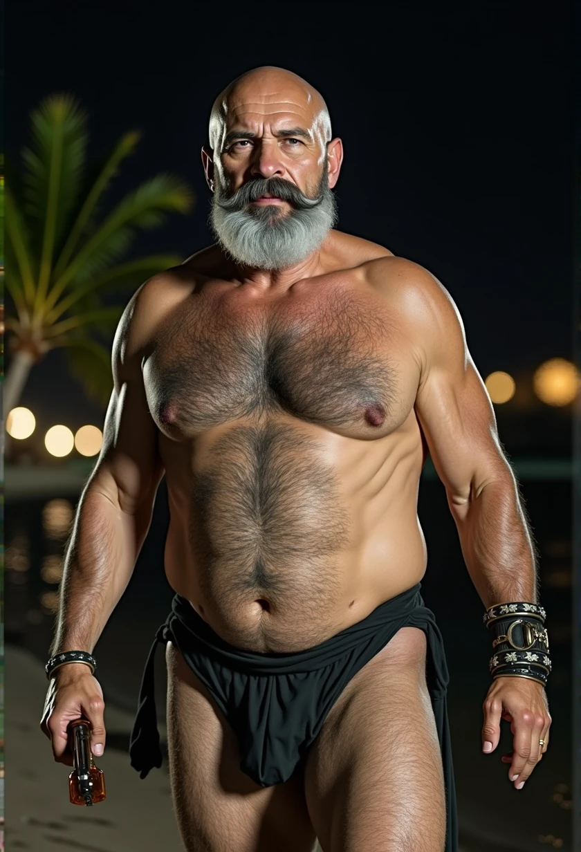 Mature pirate, 60 years old, stern and domineering facial expression, muscular chubby body, bald head, gray short beard, very hairy chest and big belly, small nipples, large muscular and hairy arms and legs, drunk, naked, thick penis, walking along at night seashore, the moon is shining, reflections on the water, palm trees, a bottle of rum in one hand, a pistol in the other hand, side full body view, (best quality, 4k, 8k, high, masterpiece: 1.2), ultra detailed, ( realistic, photorealistic, photorealistic: 1.37), detailed face, intricate details, cinematic lighting, dramatic lighting, cinematic angle, cinematic pose, dark shadows, dramatic shadows