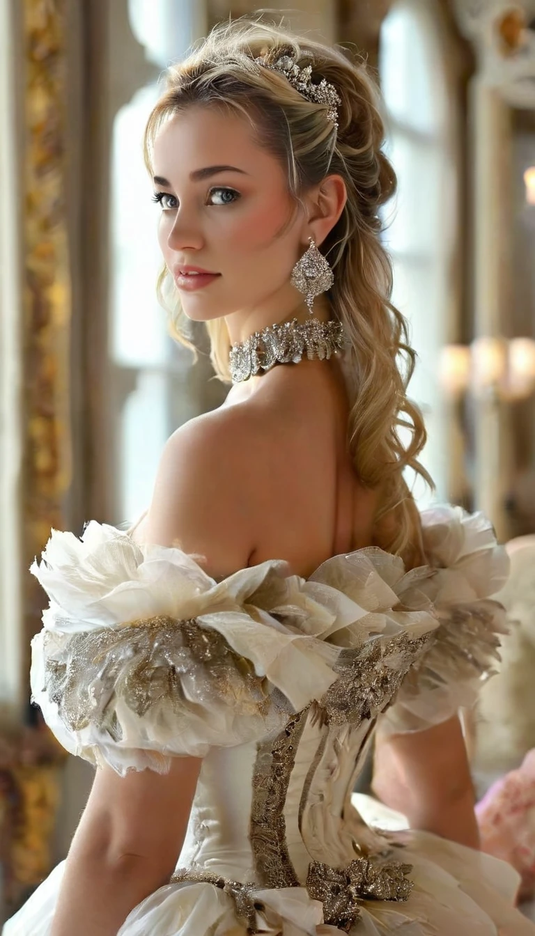 In the mid-16th century, the neckline disappeared and raised collars appeared. Shoes and fluffy skirts are in fashion; real fashionistas and fashionistas began to use perfume. Later, France begins to dictate fashion again. Laws of beauty appear, and the whole world follows the example of French women. The first editions of style and fashion appear. In the 18th and 19th centuries, fashion included: front sights, wigs, women's corsets, and the Rococo style.full body photography, big breasts, very long eyelashes, long diamond earrings,  big diamond collar 