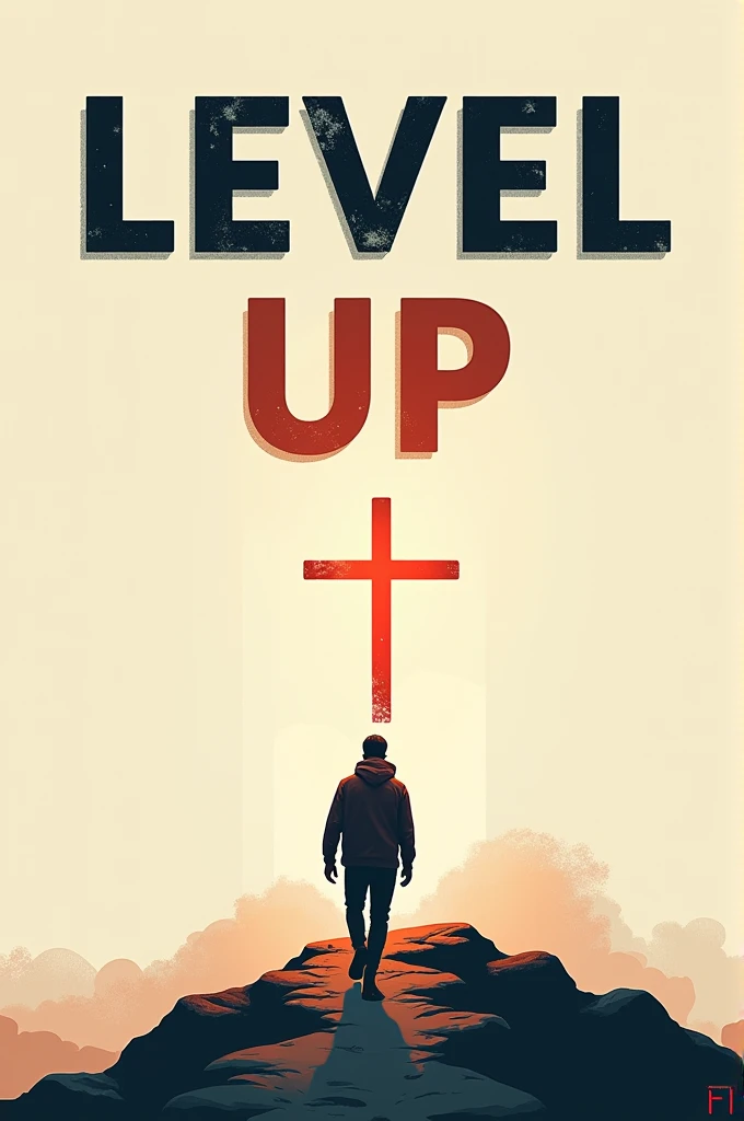 A poster named LEVEL - UP with a person walking towards the cross
