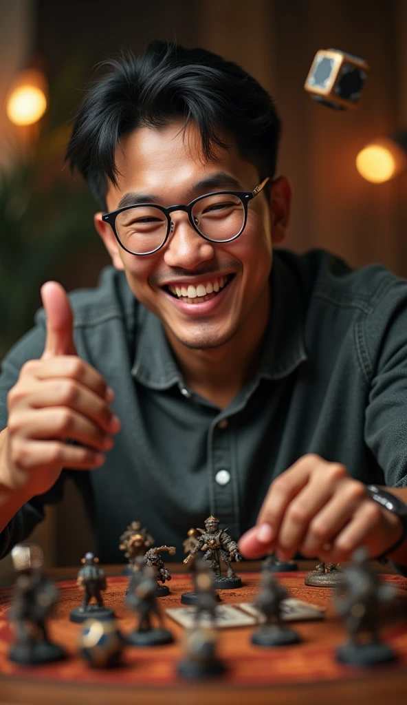 photorealistic, best quality, masterpiece, extremely detailed, front view, 30 year old bruneian malay man, athletic build, no facial hair, glasses, wearing nerdy tshirt, huge smile, throws dice while playing warhammer miniatures , extremely romantic atmosphere, perfect face, perfect fingers, perfect hands, perfection