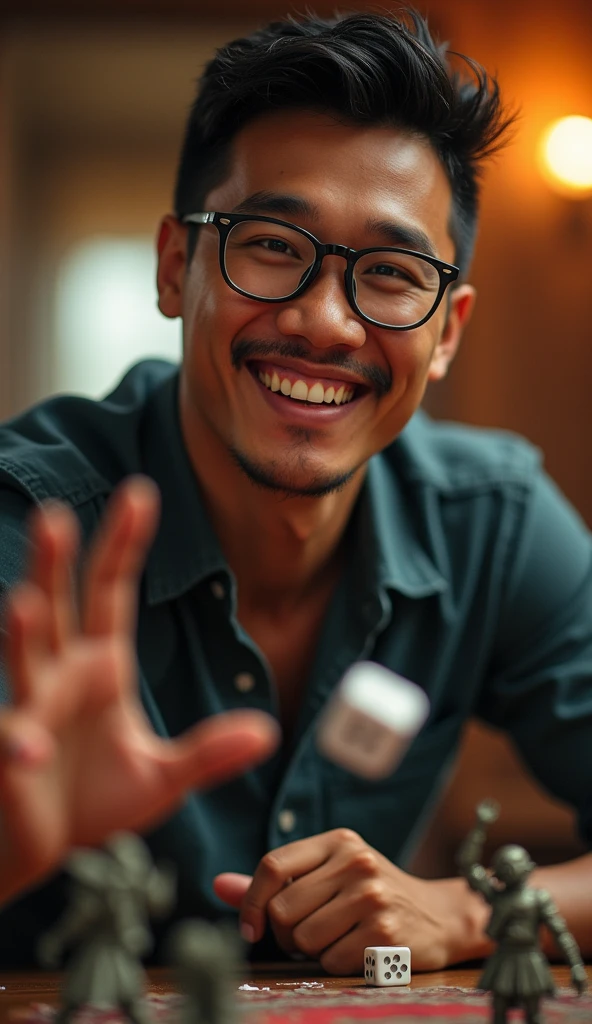 photorealistic, best quality, masterpiece, extremely detailed, front view, 30 year old bruneian malay man, athletic build, no facial hair, glasses, wearing nerdy tshirt, huge smile, throws dice while playing warhammer miniatures , extremely romantic atmosphere, perfect face, perfect fingers, perfect hands, perfection