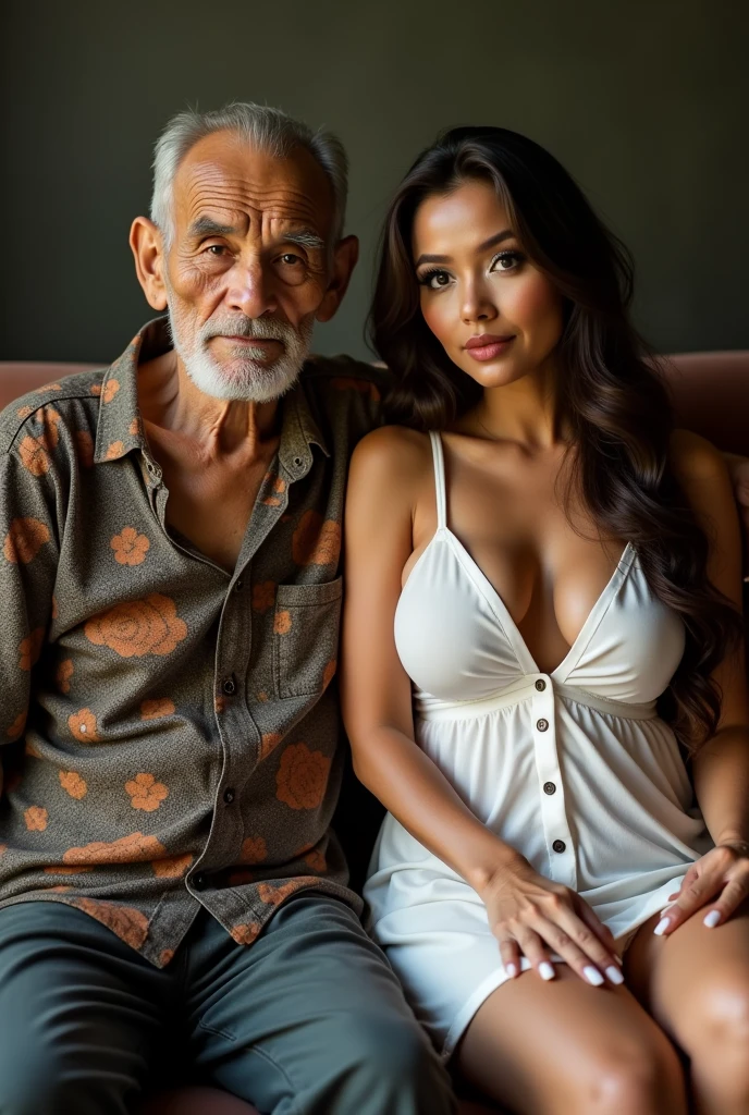 photo of an ugly javanese old man with slightly bald, a wrinkled face, a small frail body with a short stature, and neatly trimmed beard and moustache wearing batik tshirt, sitting on a couch with an extremely gorgeous woman who is a milf with a beautiful angelic face, larger alluring brown eyes, a slender nose, pronounced cheekbones, plump lips, and overall harmonious proportions, wearing a dazzling long brown hair on a glossy tresses hairstyle which cascades down her back, touching her delicate soft skin with a luminous white skin tone, and a desirable and enticing voluptious well-proportioned physique, a thick body, wide hips, huge saggy breasts, wearing a thin knee length, white sheer button down chemise dress, with a low v-neck cut, top buttons undone, cleavage, collarbone, seductively sitting on the old man's lap, with his head parallel to her breasts, in an intimate atmosphere, genuine emotions, highly detailed features, detailed background, full body capture, dynamic view, highres