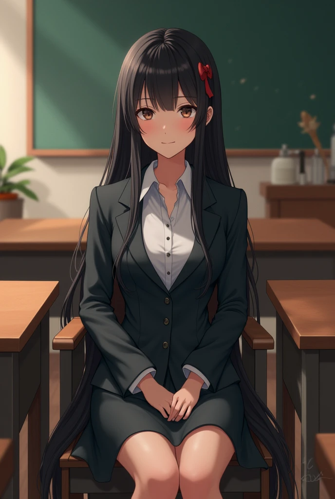Realistic, black hair, long hair, Red Ribbon, sitในห้องเรียน, woman, teacher, sit