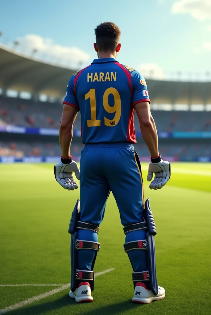 Give me a cricketer with the jersey number 19 and name haran written on the jersey, viewed from back