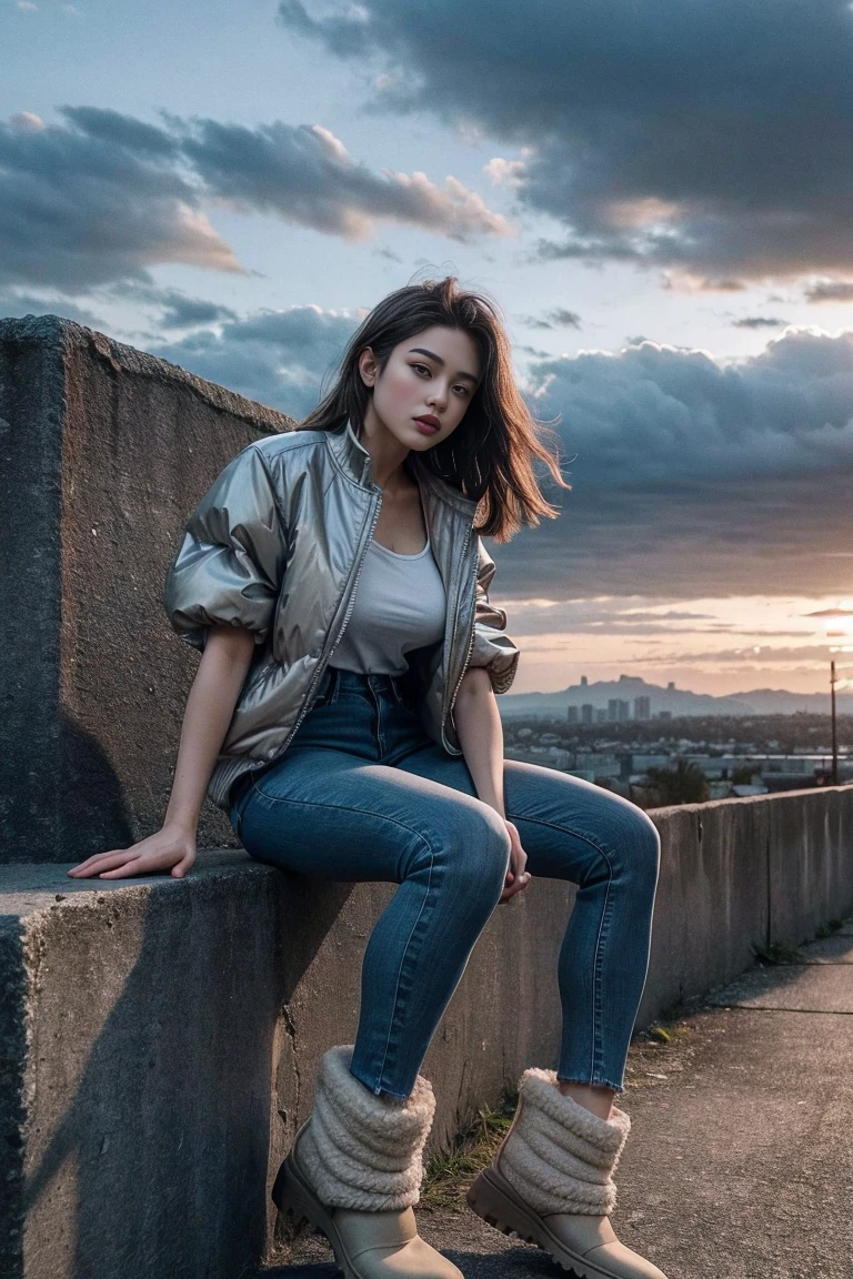 A female model poses on top of the hill, wearing black jeans and brown Ugg boots with her hands hanging down. She wears a beige short-sleeved jacket. The photograph is a full-body shot with a panoramic view, featuring a sky background with gray clouds and soft lighting, creating a fashionable magazine feel and a high-end, commercial advertising style. --ar 85:128 --v 6.1