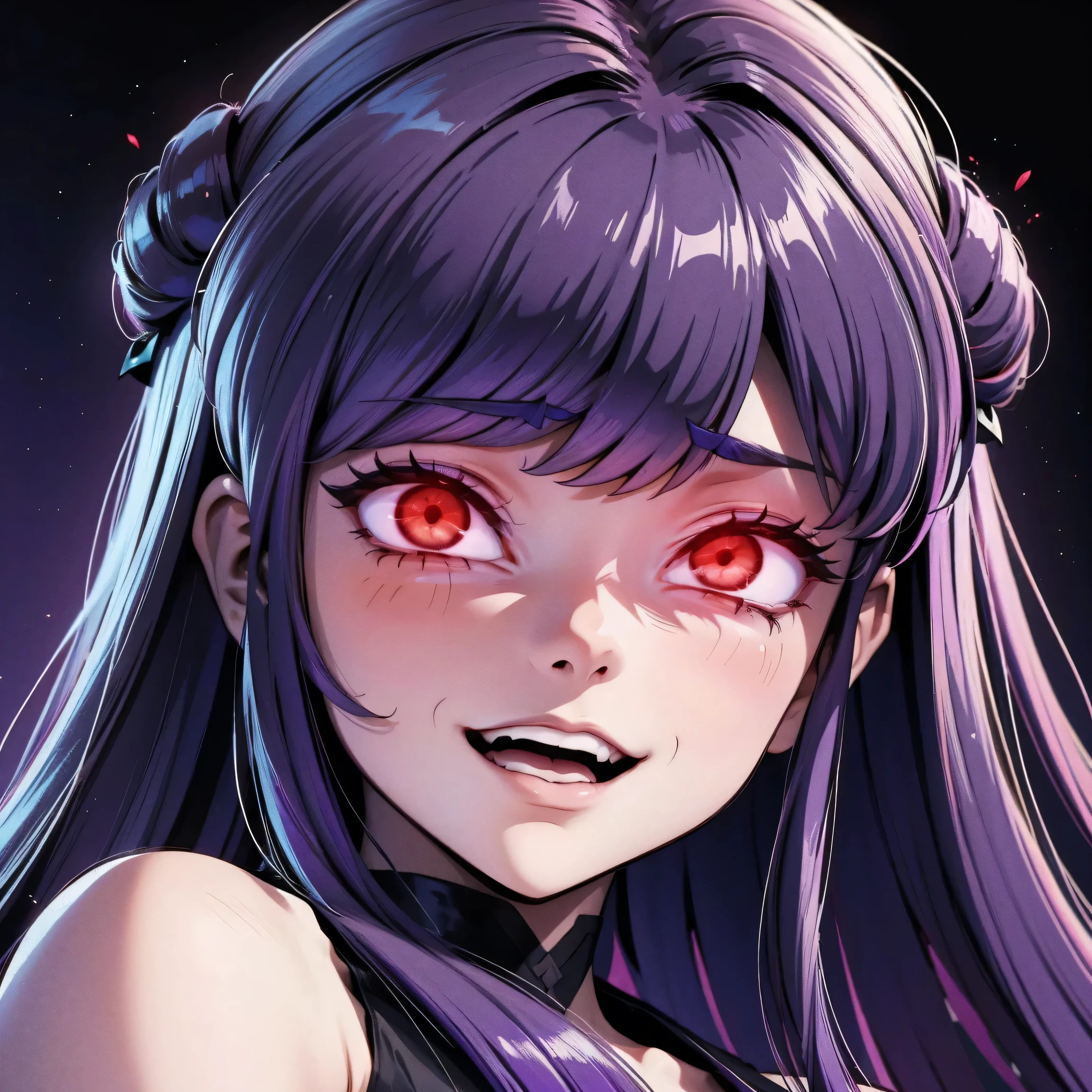 shampoo, fitness, muscular woman, sexy, beautiful, , red glowing eyes, gesugao, portrait, close up, dark shadows, purple hair, cute, blushing, red cheecks, teasing, retro anime style