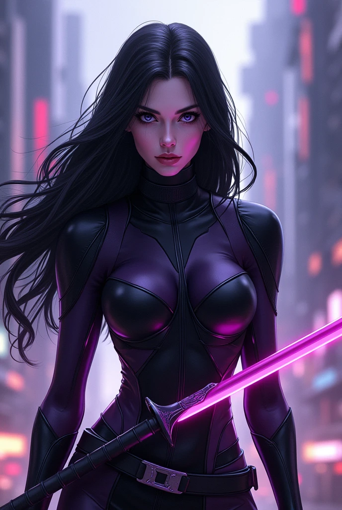 Beautiful woman, anti hero wearing black and purple uniform, laser katana sword in hand, white skin, long black hair, portrait, Jeff Bridges, ((cartoon style)), Marvel Cinematic Universe style, (((cyberpunk city in the background))), soft bokeh of futuristic city, Atey Ghailan, Jeremy Mann, Greg Manchess, Antonio Moro, trend in ArtStation, trend in CGSociety, Intricate, High Detail, Sharp focus, dramatic and photorealistic painting art by Midjourney and Greg Rutkowski, bokeh in the background
