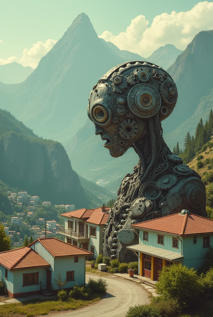 creature with a gear head, mountain and houses on the background, 1960s neighborhood, pastel colors, surreal atmosphere, dreamcore, raw photo, film grain, aerial shot, shot using 1960s camera