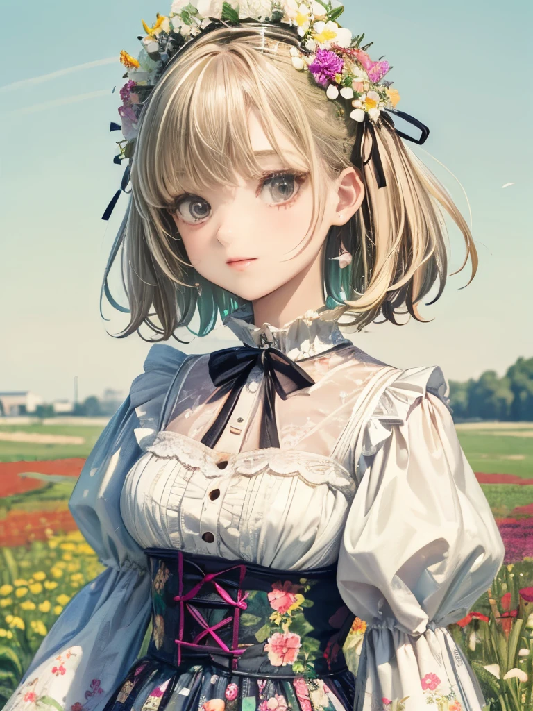 One beautiful girl, alone, masterpiece, high quality, Upper Body, (Pasture), View your viewers, wearing a lolita dress, Colorful flowers, hair 花, Floral Background, 