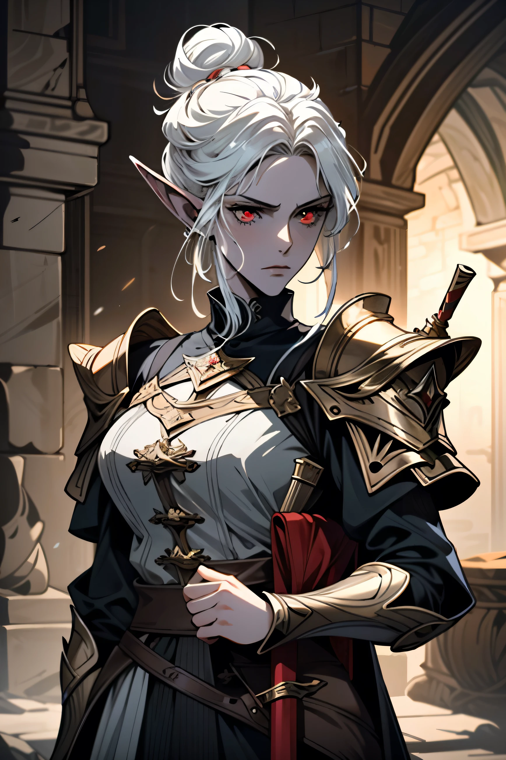 ((Extremely detailed, masterpiece, absurd))
 BGMinthara, 1 Girl, Pointed ears, White hair, Red Eyes, Hair Bun, Wearing medieval fantasy armor，Carrying weapons，avatar，Medieval Equipment，Anime style