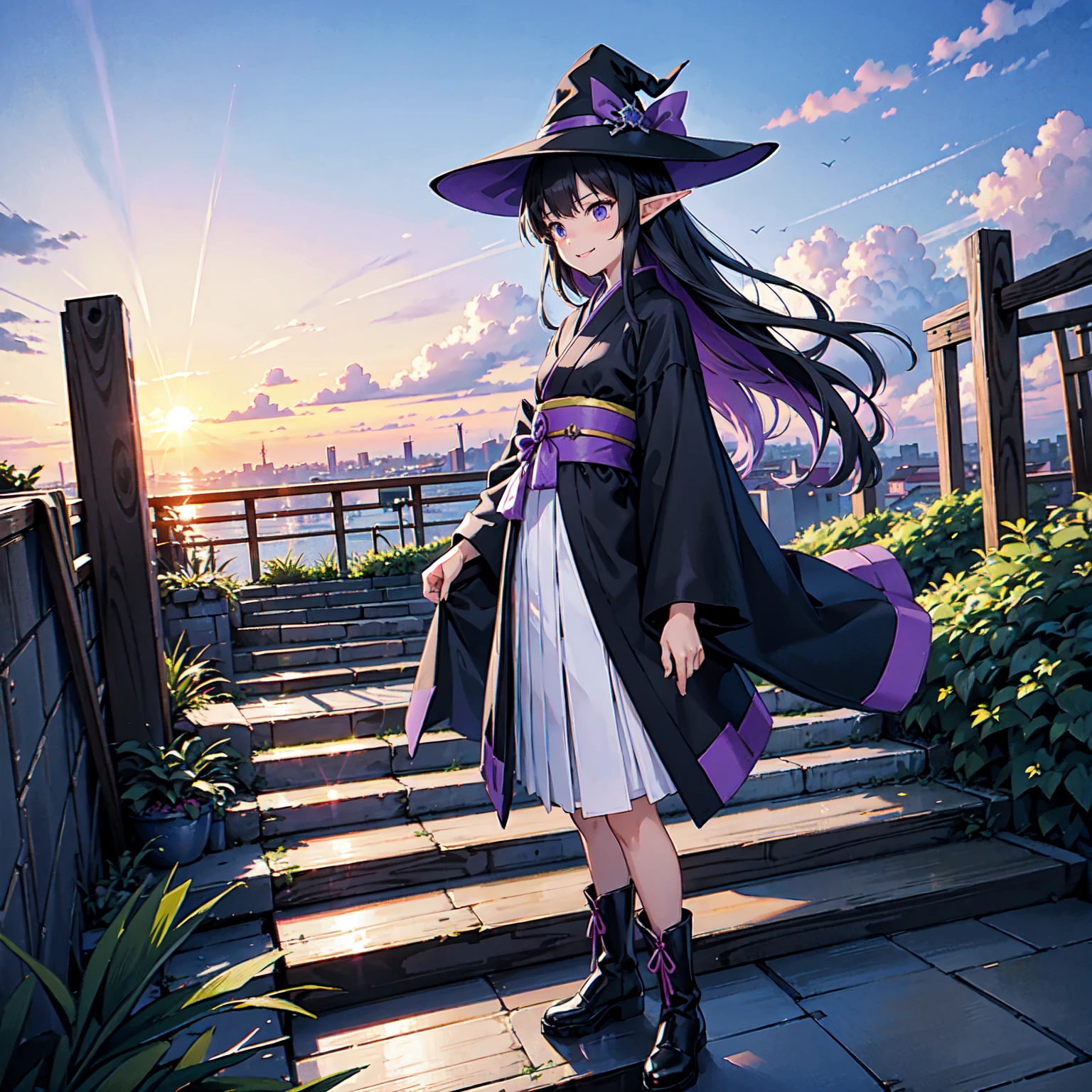 A girl with long purplish hair. A kind, full smile. Pointy elf ears. Her clothes are simple: a black robe with wide sleeves and a black miniskirt. Her knees are showing. There is a V-shaped white insert in the front, like a kimono. A witch's hat with purple ribbons on each side. Black boots. Background, bright painting, Makoto Shinkai, only endless stairs, long floating stairs, floating stairs in the air, stairs above clouds, illustration, nostalgic, vivid, above clouds, bright, fresh, sunset. A maze of connected stairs. Staircase labyrinth. Not touching land.