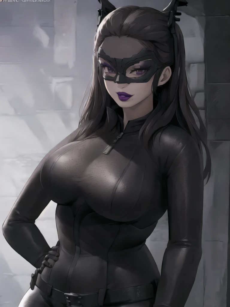 Bowei, catwoman, selina kyle, 1girl, upper body, bodysuit, detail eyes, mask , solo, long hair, lips, black hair, black hair, black bodysuit , looking at viewer, simple background, gloves, black background, mole under mouth, eyeshadow, hands on hips, black bodysuit,leather, latex, purple lips, 8k detailed,