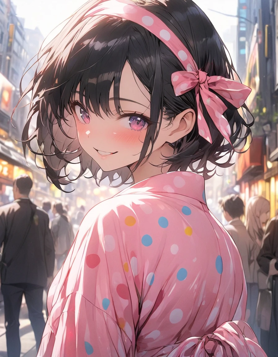 masterpiece、girl、Black hair、short hair、wear a Pink headband, Polka dot dress、smile、Focus on the face, urban background