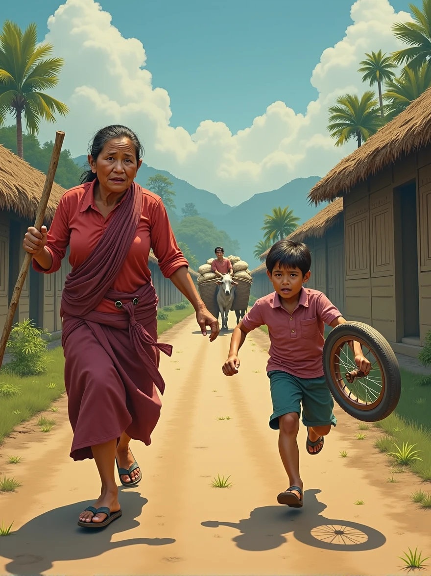 Burmese rural customs, the atmosphere of a rural village, a mother over 40 years old is chasing her son with a stick, her son is running along the village road, there are rows of thatched houses in the surrounding area, a farmer is loading rice on a bullock cart, his 8-year-old son is crying and running away from his mother with an old bicycle tire A common picture of the Burmese countryside,vivid vantage image,