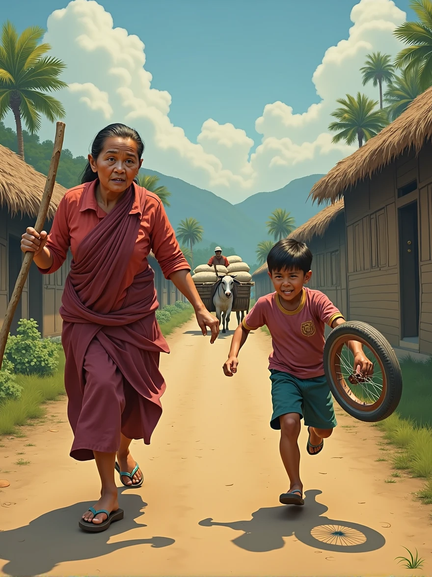 Burmese rural customs, the atmosphere of a rural village, a mother over 40 years old is chasing her son with a stick, her son is running along the village road, there are rows of thatched houses in the surrounding area, a farmer is loading rice on a bullock cart, his 8-year-old son is crying and running away from his mother with an old bicycle tire A common picture of the Burmese countryside,vivid vantage image,