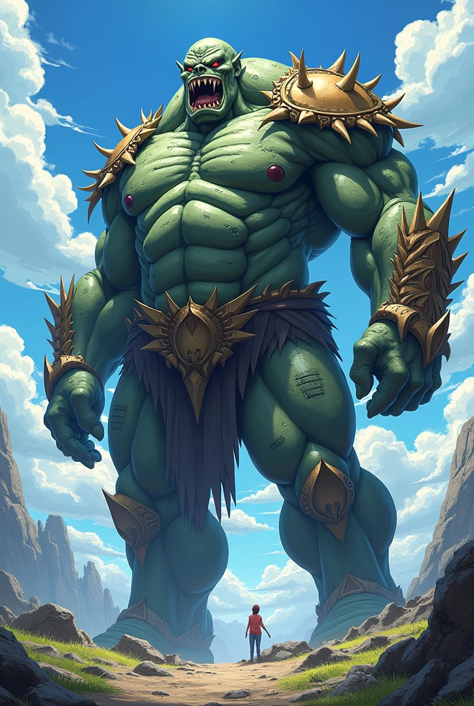 an Ogre with a body as solid as a rock. He had scars of all sizes all over his body and adorned his entire body with the fangs of a massive beast. Among the giant Ogres, he was particularly large, standing at about three and a half meters tall. With anime style art 