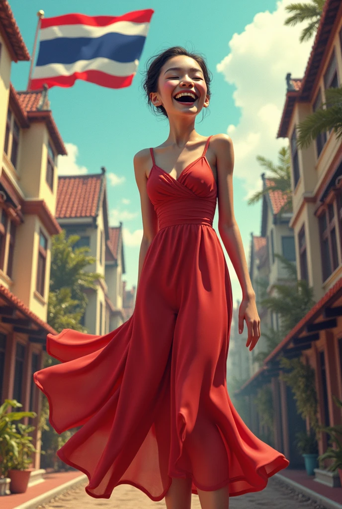 3d image of young woman in red dress Laughing like crazy, eating the house, eating the city, becoming the leader of the country under the Thai flag.
There are many people who are afraid.
The father stood and applauded with joy.
wear red clothes