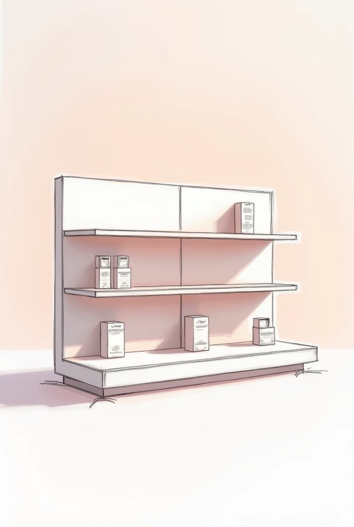 Side view sketch of Minimalistic Display: Use clean lines and pastel colors to match your product’s packaging. Create open, uncluttered shelves to highlight the Tinted serums.