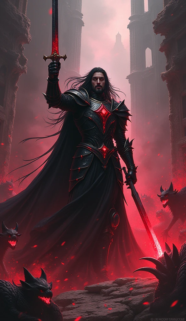 Amidst the ruins of an ancient cathedral, Valis, a knight clad in gothic black armor adorned with blood-red gemstones, engages a horde of fearsome beasts. His long black hair whips in the wind as he calls upon the dark power of the "Luminous Order." A dark aura surrounds him as he raises his sword, the ground trembling as tendrils of shadow and red energy burst forth, annihilating the monstrous horde with overwhelming power.